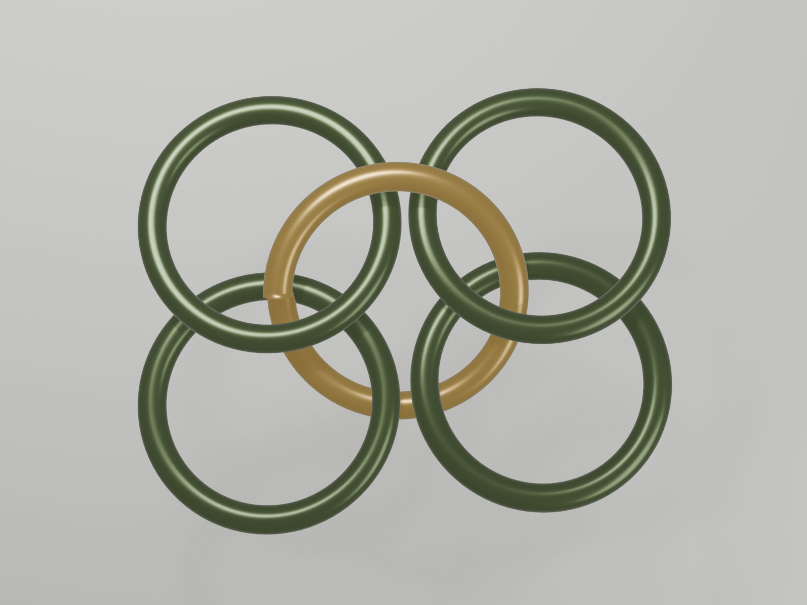 One open gold ring threading through four closed sage rings, forming the first European 4-in-1 unit