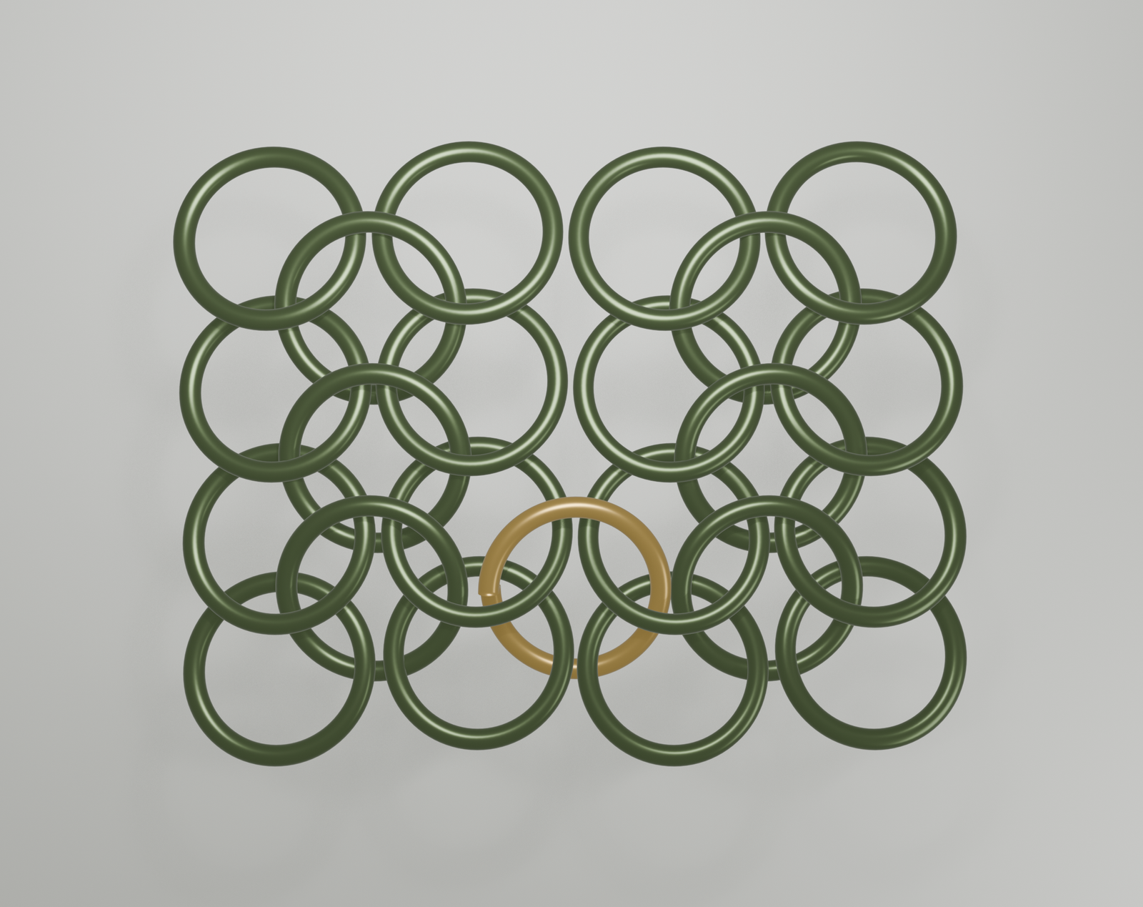 Two rows of European 4-in-1 joined by a single gold open ring that threads through four rings at the start of both rows