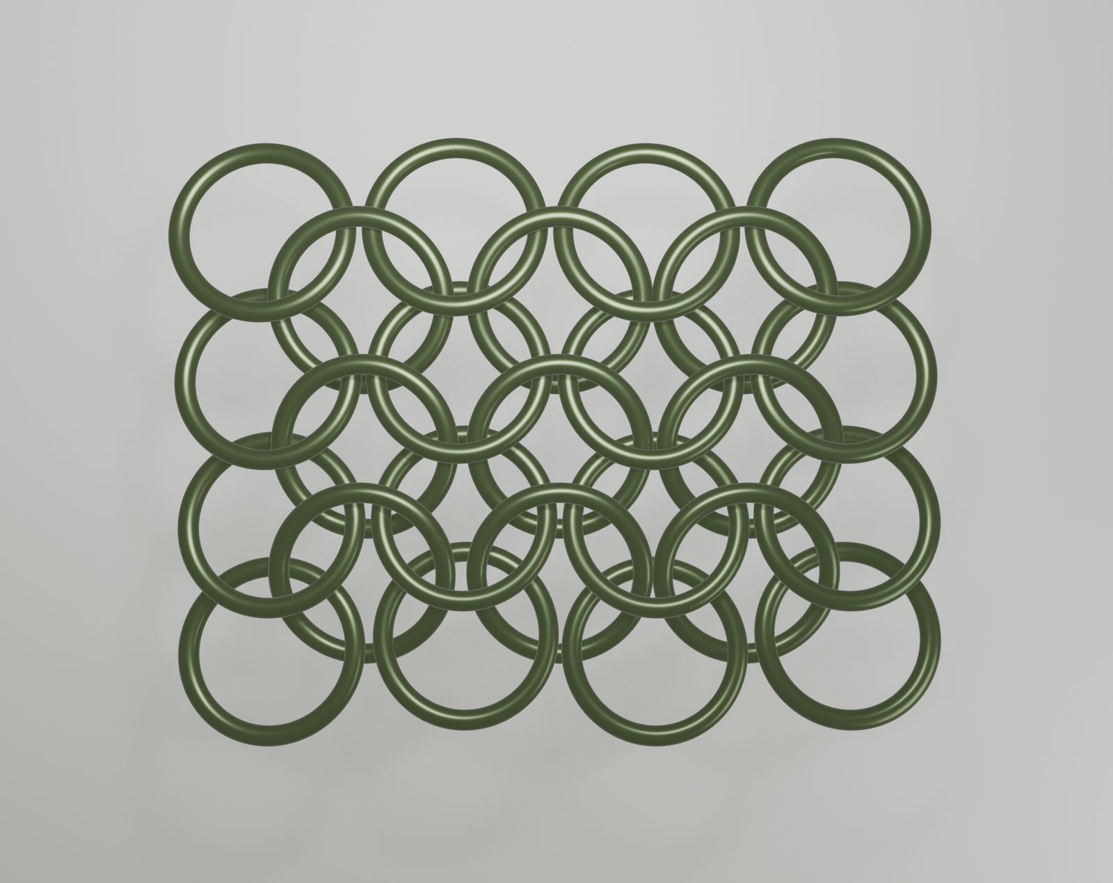 Two rows of European 4-in-1 chainmail fully connected into one mesh, twenty-five stainless steel rings in a 2x3 grid pattern